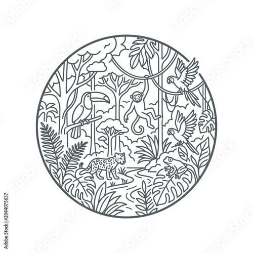 Photography Circular jungle scene line art with tropical animals and plants.