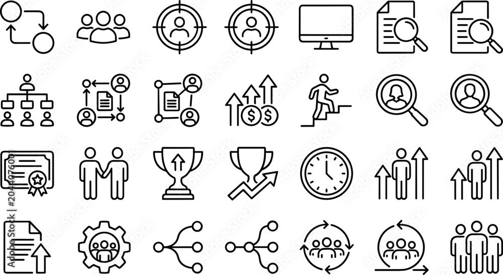 Fototapeta premium Professional Human Resources and Talent Management Icon Set Featuring Career Growth, Recruitment, Team Leadership, and Organizational Development Symbols for Corporate Business