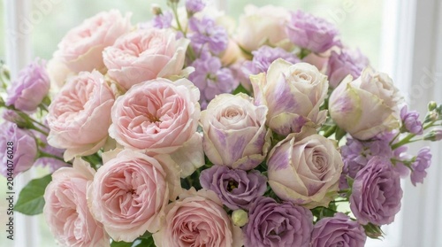 Elegant Bouquet of Pastel Roses and Lavender Flowers in Soft Focus.