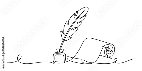 Fotografía Single line drawing of a quill pen in an inkwell next to a scroll of paper