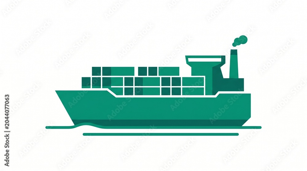 Naklejka premium Green cargo ship with containers sailing on water with smoke coming from chimney illustration