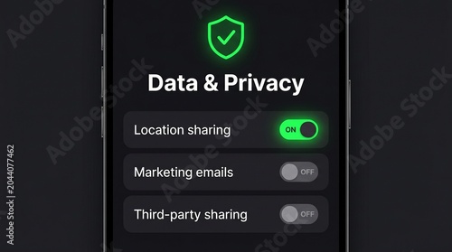 Digital screen displaying data and privacy settings with location sharing enabled and marketing emails and third party sharing disabled