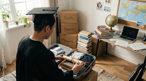 Male graduate in cap and gown packing suitcase with books and diploma for moving out, university student leaving dormitory after graduation ceremony