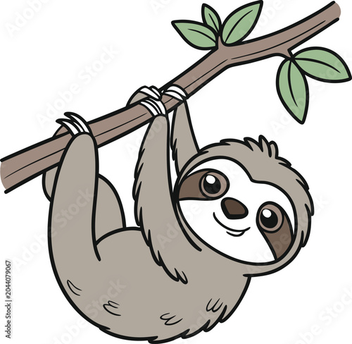 Cute cartoon sloth hanging on a tree branch