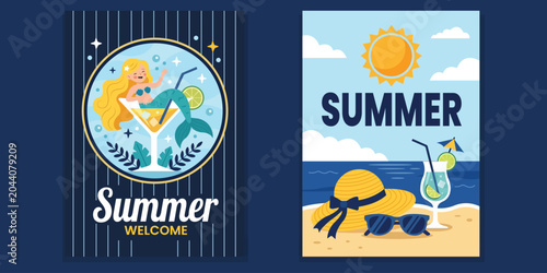 Fotografi Summer Welcome and Beach Vibes: Two vibrant, stylized illustrations evoke the essence of summer with a playful mermaid enjoying a cocktail and a classic beach scene featuring a sun hat, sunglasses