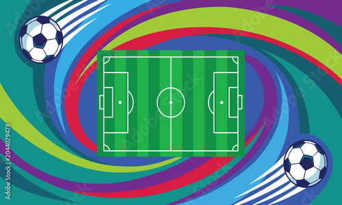 Εκτύπωση καμβά Soccer Field and Balls with Colorful Swirl: A stylized soccer field with two dynamic soccer balls mid-air, set against a vibrant, swirling vortex of colorful bands