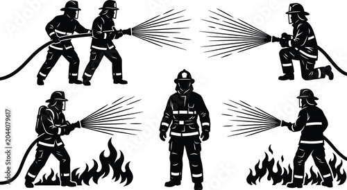 Foto Firefighter silhouette collection featuring emergency rescue workers extinguishi
