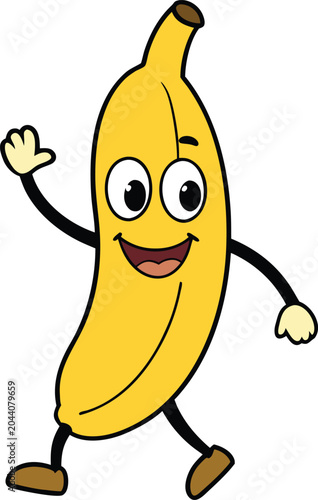 Happy cartoon banana character waving hello