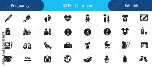 32 fill color icon set for pregnancy and baby-related concepts. Containing Pregnancy Test, Baby Rattle, Baby Footprints, Heartbeat, Pregnant Woman, Blood Test, Maternity Shirt, Ultrasound Scan