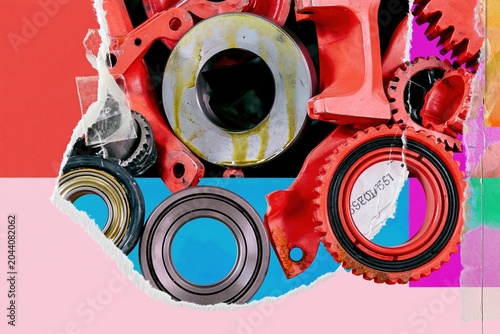 Red industrial machine spare parts and mechanical components in a collage arrangement over blue for engineering catalogs, technical repair guides and workshop manuals