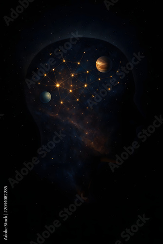 Silhouette of a human head filled with a colorful universe of planets and stars representing consciousness and imagination.