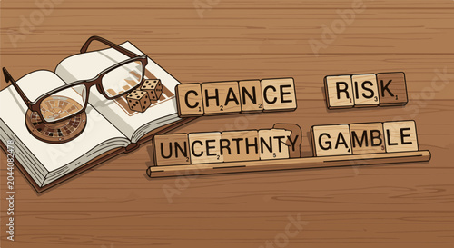 Open book with glasses, roulette, dice, and Scrabble tiles conveying risk