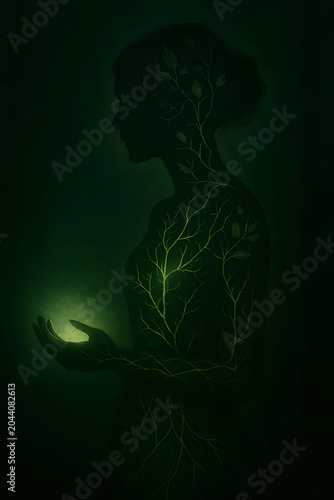 Silhouette of a woman with glowing green tree branches inside her body holding a light.