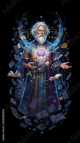 Wise elderly wizard with a glowing brain floating in front of his chest gesturing with open hands.