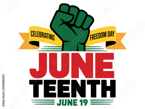 A graphic illustration celebrating Juneteenth, also known as Freedom Day, with a raised fist and banner.