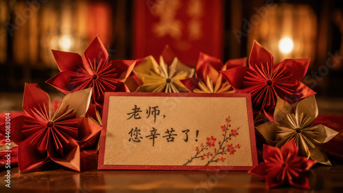 Teachers Day celebration with paper flowers and a card
