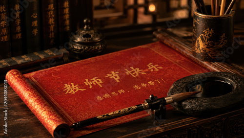 Teachers Day celebration with traditional Chinese scroll and calligraphy tools on a wooden desk