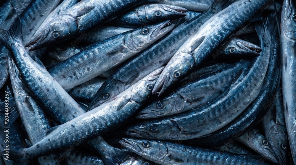 Fototapeta premium Fresh raw barracuda fish piled together in a market display featuring vibrant blue tones and sharp details for seafood culinary industry and healthy nutrition concepts