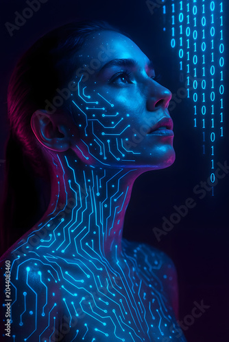 Woman with glowing blue circuit board patterns on her skin representing artificial intelligence and cyborg technology.