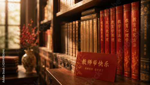 Teachers Day celebration card on a desk with books and flowers