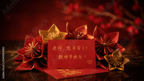 Teachers' Day celebration with origami decorations and cards on a table