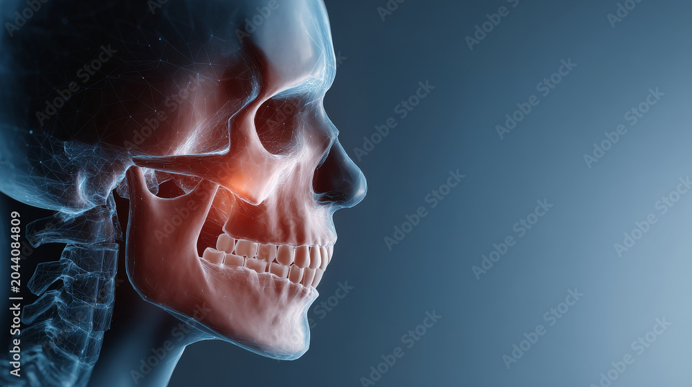 Obraz premium Dental Health Innovation Concept , human skull side view with highlighted jawbone and teeth anatomy on blue background