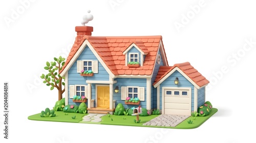 Charming Blue Suburban Home with Red Roof and Attached Garage Set Amidst Greenery and Colorful Flowers Evoking a Sense of Cozy Family Living and Residential Comfort Ideal for Real Estate