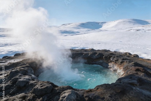 Vertical View of a Boiling Geothermal Hot Spring Vent with Rising Steam in a Snowy Icelandic Landscape
