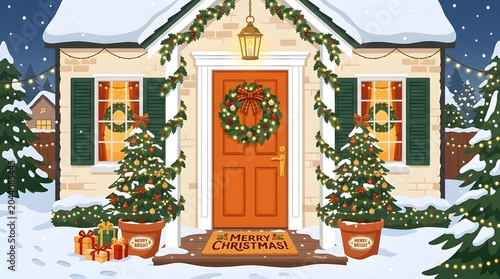 Festive Winter Holiday Home Entrance Decor Including Snowy Evergreen Trees Garland Welcoming Front Door Wreath and Illuminated Windows Evoking Cozy Seasonal Cheer and Celebration Amidst a