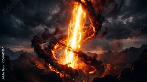 Dramatic Sky with Swirling Clouds and Bright Light Beam Over Mountainous Landscape, Epic and Mysterious Mood