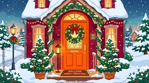 Charming inviting residence adorned with glowing festive lights and lush green winter foliage creating a picturesque scene of cheerful seasonal holiday spirit during a tranquil snowfall perfect