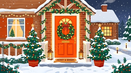 Festive residence glows with enchanting holiday lights and traditional greenery welcoming winter season cheer with illuminated trees flanking the porch and a radiant wreath adorns the bright