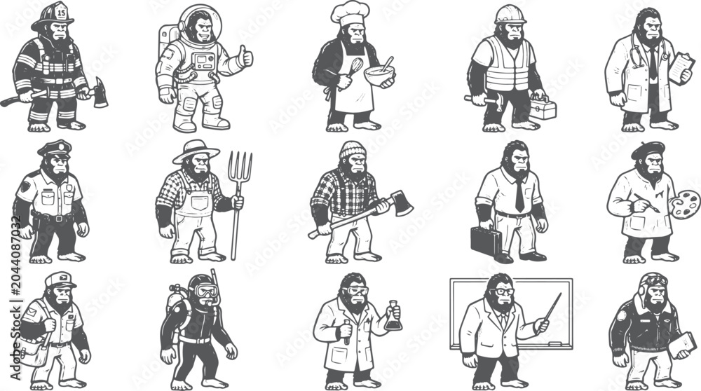 Obraz premium Bigfoot Wearing Various Job Outfit