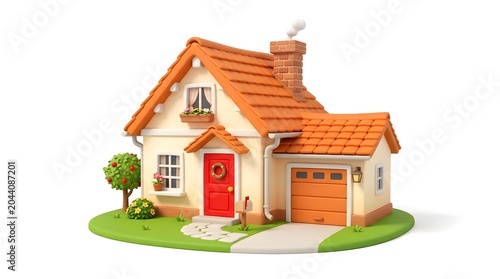 Charming Suburban Dwelling With Red Door And Orange Roof Tile Exterior Presented On A Small Green Patch Of Grass With A Tree And Attached Garage Door And Walkway Leading To Front Entrance