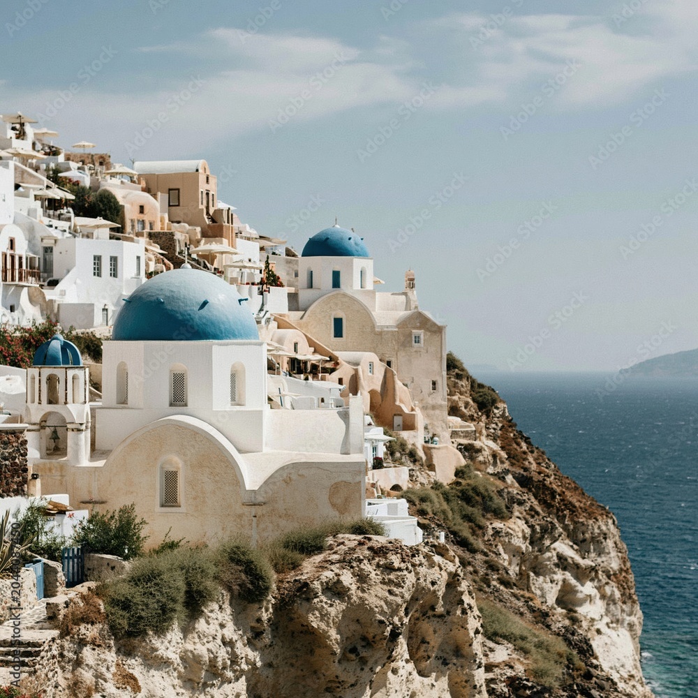 Fototapeta premium Whitewashed coastal architecture with blue domed churches built on a volcanic cliff for luxury travel brochures, Mediterranean honeymoon branding and vacation advertising
