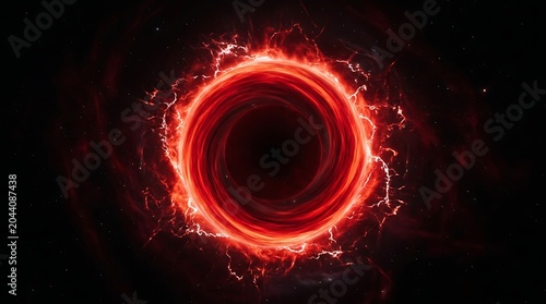 Vivid cosmic black hole illustration with glowing red and orange hues, radiating intense energy and mystery in deep space.