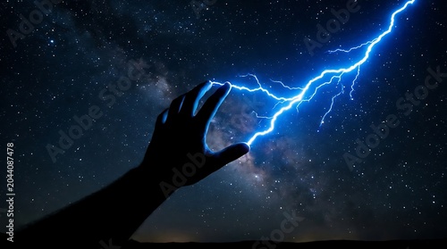 Silhouette of a Hand Reaching Towards a Bright Blue Lightning Bolt in a Starry Night Sky, Symbolizing Power and Mystery.