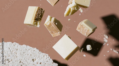 White chocolate pieces and shards falling in the air for confectionery branding, food advertising and dessert menu design with a textured stone on coral background