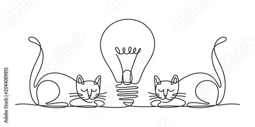 Fotografía Two cute cats sleeping near a light bulb, simple line art illustration
