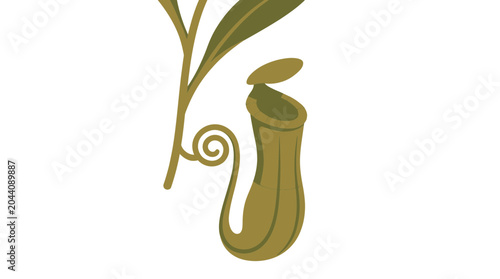Stylized carnivorous pitcher plant illustration with olive green leaves