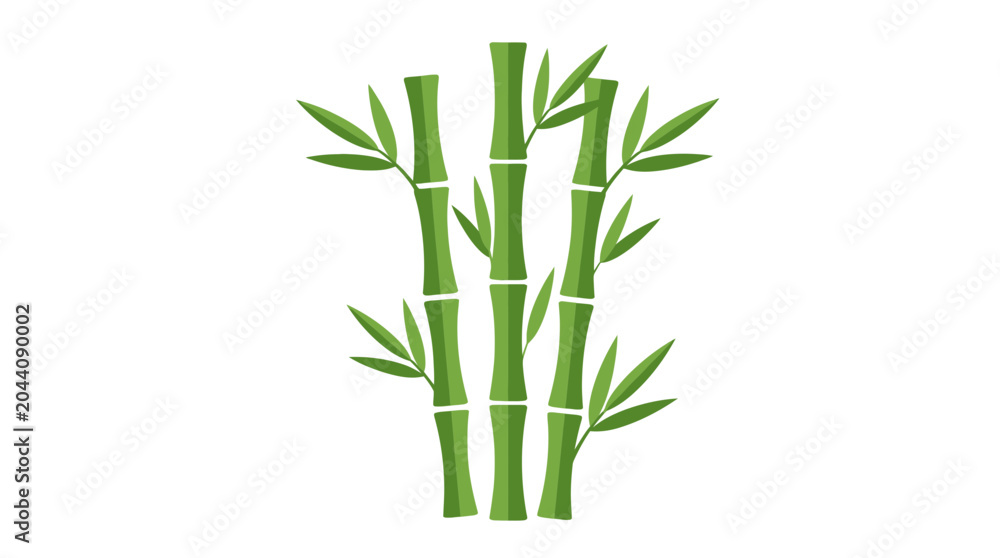 Obraz premium Flat vector illustration of green bamboo stalks with leaves isolated on white