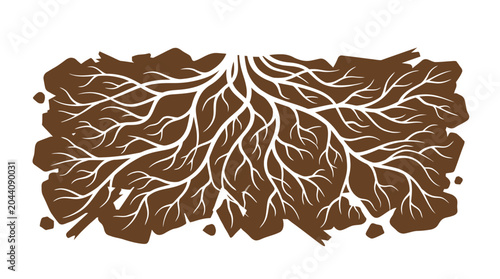 Stylized plant root system spreading through brown soil vector illustration