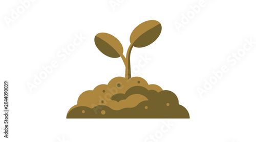Young sprout growing from a mound of brown soil isolated on white background
