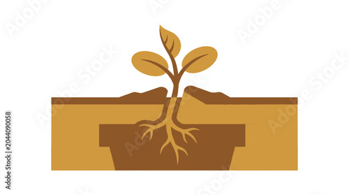 Flat vector illustration of a small plant growing with root system in soil