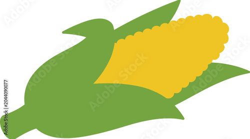 Flat vector illustration of a yellow corn cob with green husks isolated on white