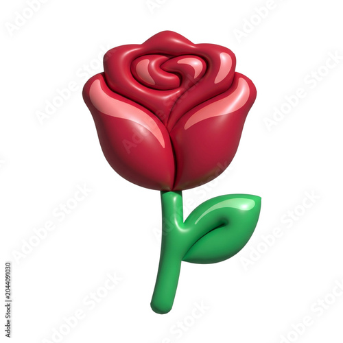 3D stylized red rose flower with green leaf isolated on white background, glossy cartoon floral icon for Valentine's Day or romance.