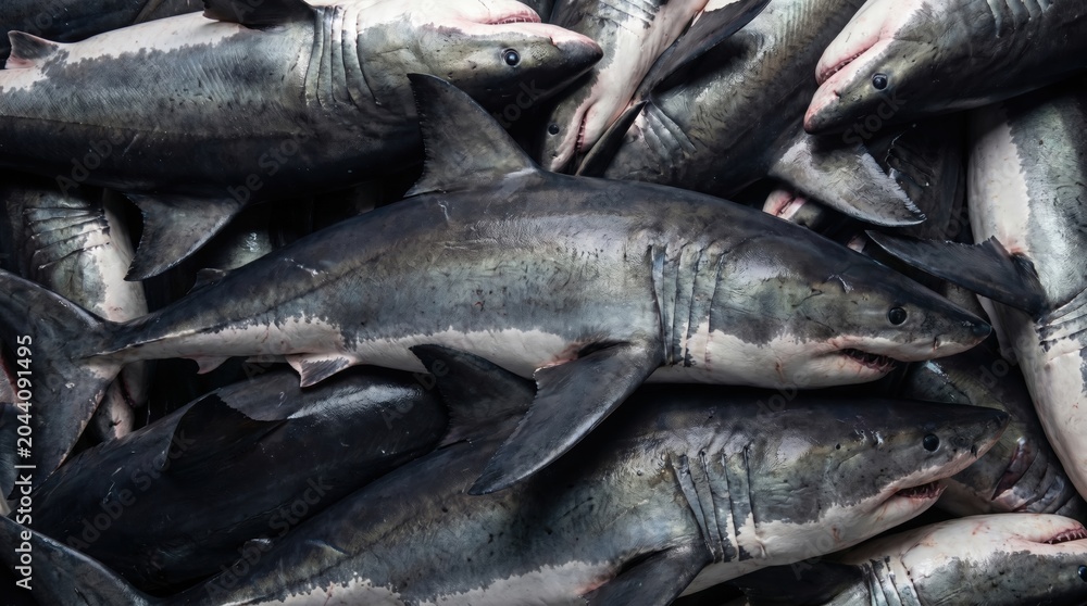 Obraz premium Group of great white sharks stacked together in a dense pile showing textured grey skin and sharp fins in a dramatic high angle overhead wildlife composition