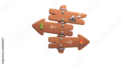 Three Wooden Directional Signs with Symbols.
