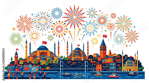 Tableau sur toile Fireworks illuminating istanbul city skyline with iconic landmarks, turkish flags symbolizing a celebration
