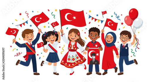 Tableau sur toile Happy children celebrate turkish national sovereignty and childrens day with festive flags, perfect for educational materials, social media posts, and cultural events marketing